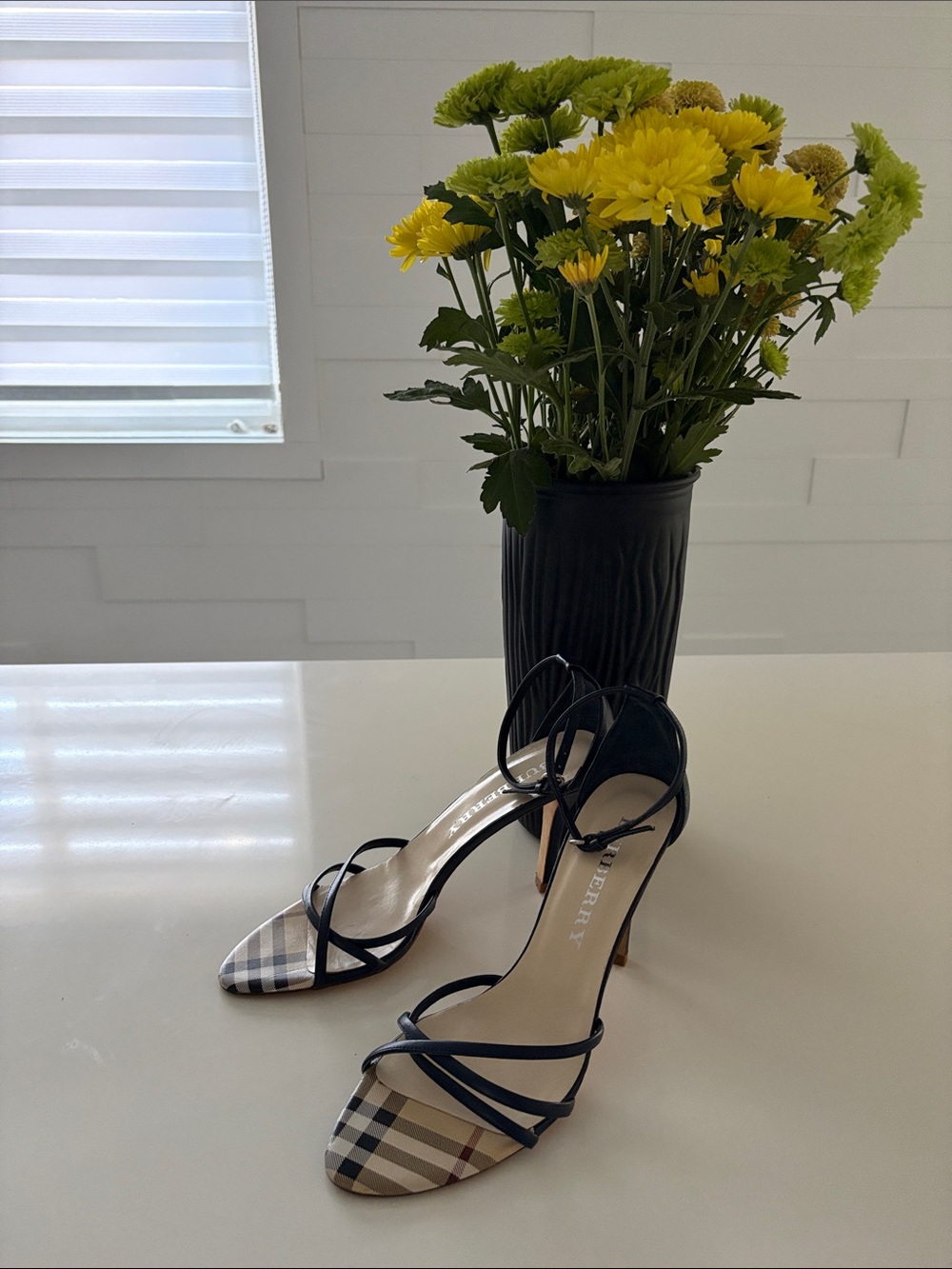 Burberry Navy Strappy Check Open-Toe Heels Made in Spain
